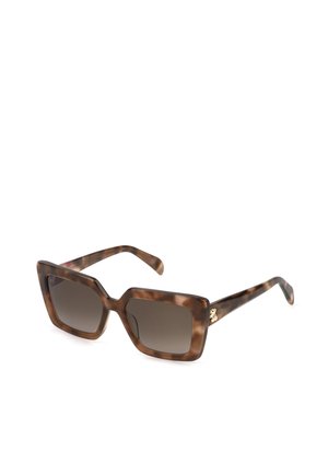 Lunettes de soleil carrées avec une monture au motif écaille de tortue et des verres dégradés foncés, avec un petit emblème doré sur la branche.