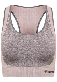 Sportbeha in grijs en lichtroze, met een gestructureerd patroon, brede bandjes en een ondersteunende band met een logo aan de onderkant.