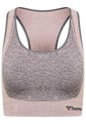 Sport-BH i grå och ljusrosa, med ett texturerat mönster, breda axelremmar och ett stödjande band med en logotyp i nederkant.