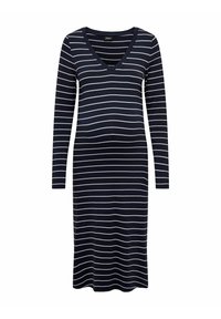 Langemouwen jurk met een V-halslijn, gemaakt van marineblauw stof versierd met horizontale witte strepen. Gemaakt van zachte, ademende materialen.