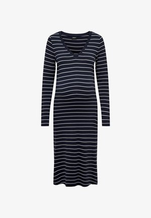 Langærmet kjole med V-hals, lavet af marineblåt stof prydet med vandrette hvide striber. Fremstillet af blødt, åndbart materiale.