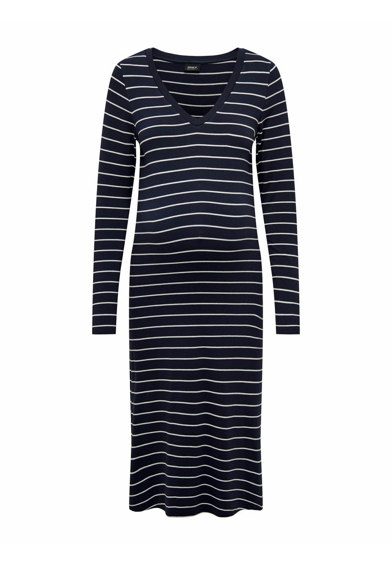 Langemouwen jurk met een V-halslijn, gemaakt van marineblauw stof versierd met horizontale witte strepen. Gemaakt van zachte, ademende materialen.
