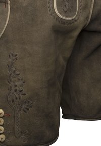 Veste en suède verte traditionnelle avec une broderie sombre sophistiquée et des boutons en bois, au col arrondi et aux détails élaborés.