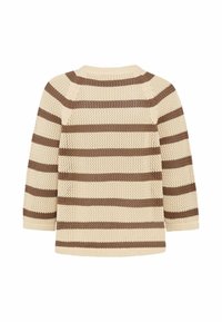Beige- und braun gestreifter Strickpullover mit lockerem Gewebe und langen Ärmeln, von hinten auf weißem Hintergrund gezeigt.