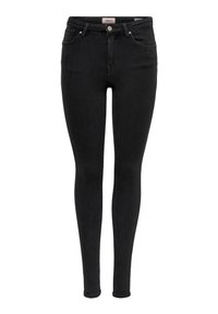 Jean skinny noir taille haute avec bouton devant, poches et passants de ceinture, présenté sur fond blanc.