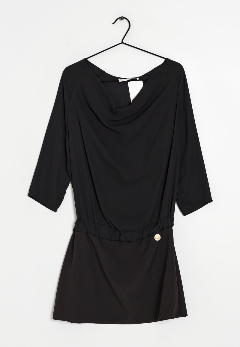 Black dress with a draped cowl neck, three-quarter sleeves, elastic waist, and a smooth texture. Features a small metallic accent on the waistband.
