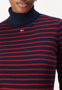 Maglione a collo alto blu navy con righe rosse orizzontali, dotato di un piccolo emblema del marchio sul petto. Morbido tessuto a maglia.