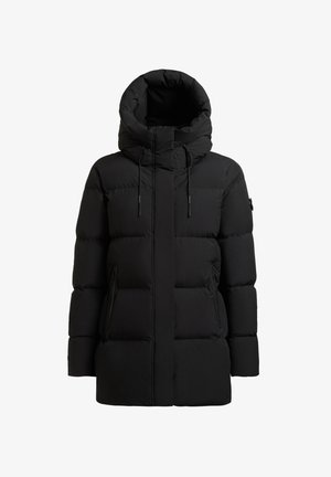Black puffer jacket with a high collar and hood, featuring quilted sections, zippered side pockets, and adjustable drawstrings.