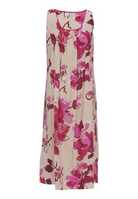 Kwiatowa sukienka o beżowym tle, zdobiona dużymi różowymi i burgundowymi kwiatami, z kwadratowym dekoltem oraz plisowanym fasonem, który zapewnia płynny układ.