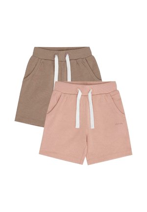 Due paia di pantaloncini casual in cotone con elastico in vita e coulisse bianche, uno beige e uno rosa chiaro, mostrati distesi.