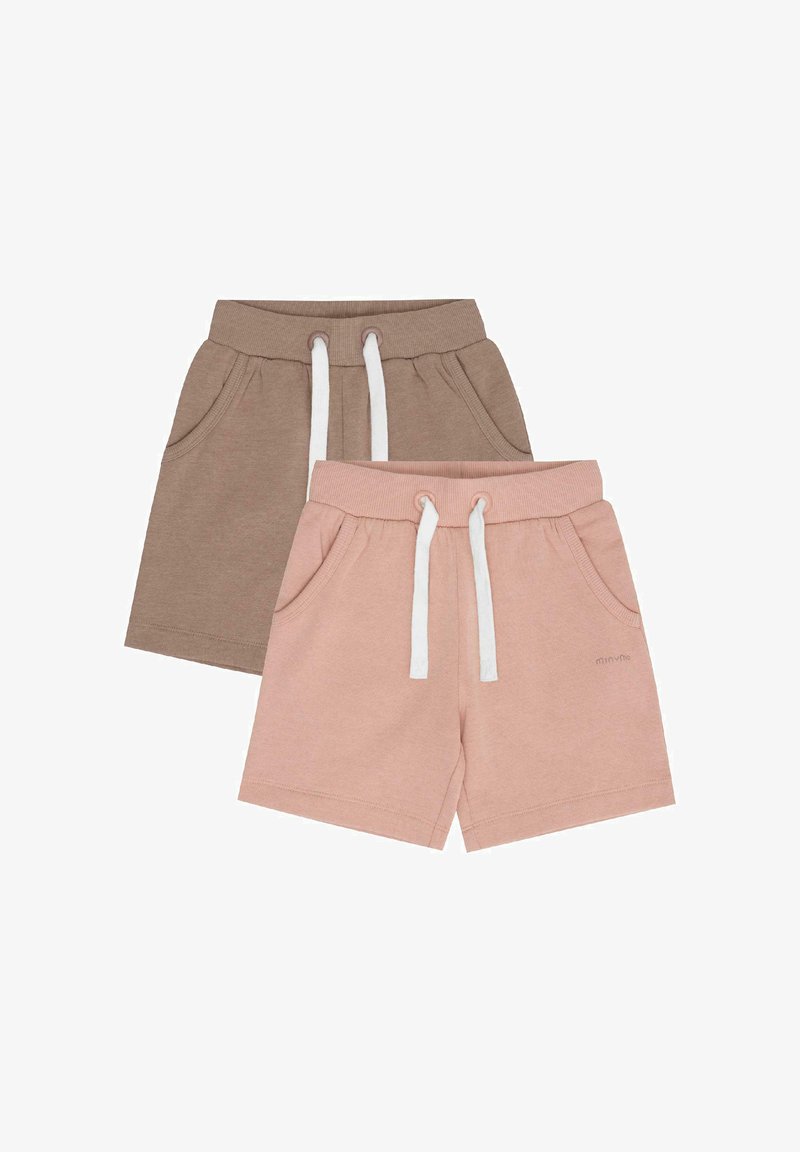 Deux paires de shorts décontractés en coton avec des tailles élastiques et des cordons blancs, un en beige et un en rose clair, présentées à plat.