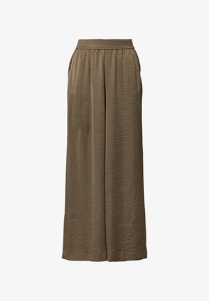 Pantaloni svasati marroni realizzati in un tessuto leggero e testurizzato. Presentano una vita elastica e tasche laterali per funzionalità.