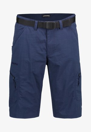 Navy blue outdoor shorts with a belt, zippered pockets on sides, and a lightweight fabric. Features a stitched brand logo on the front.