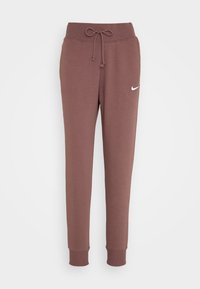 Brown tapered sweatpants with elastic waistband, drawstring, ribbed cuffs, and a small white Nike swoosh on the left thigh.