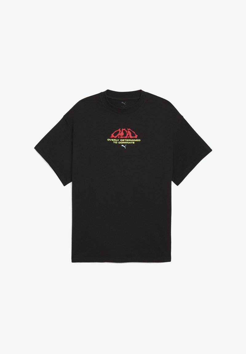 Czarna bawełniana koszulka z krótkim rękawem, okrągłym dekoltem i graficznym wzorem w kolorze czerwonym i neonowym żółtym z napisem "NADMIERNIE ZDECYDOWANY, ABY DOMINOWAĆ".