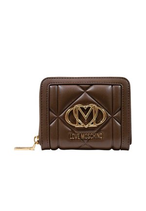 Brązowy pikowany skórzany portfel z złotym zamkiem błyskawicznym i złotym logo oraz napisem Love Moschino z przodu.