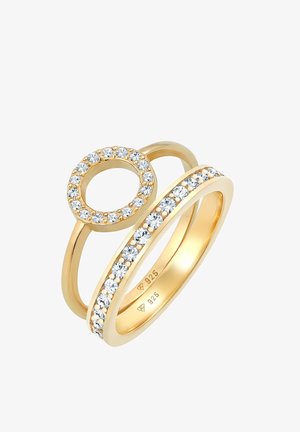 Guldplateret ringsæt med et cirkulært design med klare cubic zirconia accenter og en glat ring. Fås i størrelse markeret 925.