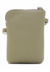 Oliivivihreä nahkapussi, jossa on teksturoitu pinta, vetoketjukiinnitys ylhäällä ja pieni irrotettava hihna sivulla helppoa kantamista varten.