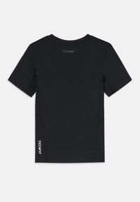 Black short-sleeve athletic shirt featuring a smooth fabric, mesh side panels, and “TECHFIT” branding printed on the left side.