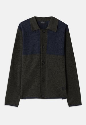 Button-up cardigan featuring a color-block design in dark green and navy, textured fabric, classic collar, and black buttons.