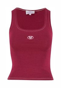 Bordo spalvos medvilnės topas su kvadrato formos iškirpte, prigludusia siluetu ir baltu logotipu ant krūtinės, su kontrastingais siūlės detalėmis.