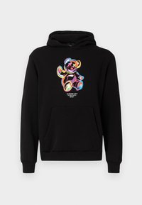 Felpa nera con cappuccio caratterizzata da una grafica colorata di un orso sul davanti, dotata di tasca a marsupio e polsini a costine.