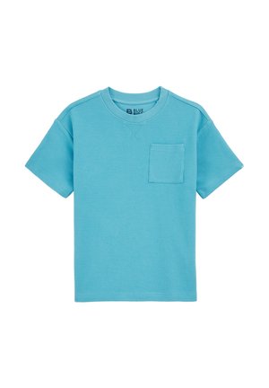 Türkises Baumwoll-T-Shirt mit kurzen Ärmeln, Rundhalsausschnitt und einer Brusttasche. Verfügt über einen strukturierten Stoff und eine Steppnaht.