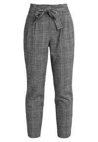 Harmaan ruudulliset korkeavyötäröiset housut, joissa on solmittava vyö, sekä röyhelöt ja kapenevat lahkeet. Valmistettu teksturoidusta kudotusta kankaasta.