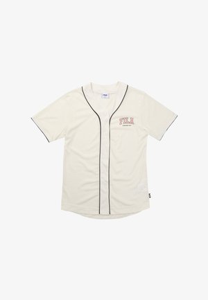 Maglia sportiva FILA bianca a maniche corte con bordature nere, chiusura frontale con bottoni e logo rosa sul petto a sinistra con la scritta "FILA Established 1911."