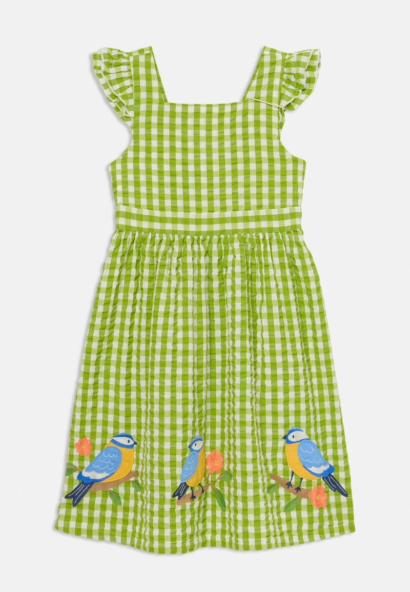 Robe à carreaux verts et blancs pour fille avec manches à volants et oiseaux bleus et jaunes brodés sur des branches avec des fleurs oranges.