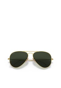 Occhiali da sole aviator con lenti verdi, montatura in metallo dorato, doppio ponte sottile e naselli trasparenti. Bordi delle lenti riflettenti.