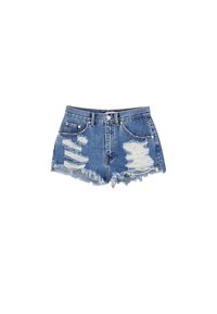 Denim shorts in middenblauw. Voorzien van een rafelige zoom, versleten delen, ontwerp met vijf zakken en metalen knoopsluiting. Regular fit.