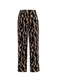 Schwarz-beige gemusterte Hosen mit hohem Bund und weitem Bein, die abstrakte Formen und eine glatte Textur aufweisen.