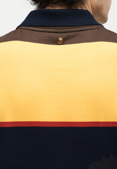 Back view of a person wearing a color-blocked shirt with navy collar, brown, yellow, red, and blue horizontal stripes, and a small gold button at the neck.