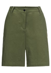Olivově zelené, šortky ke kolenům vyrobené z texturované látky, s předním zapínáním na knoflík, poutky na opasek a dvěma bočními kapsami.