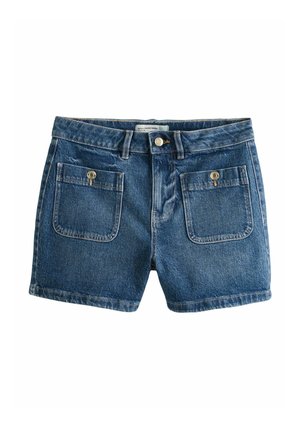 Denimblå shorts med højtaljet design, forside med knap og lynlås, to store lapperlommer med knaplukning foran.
