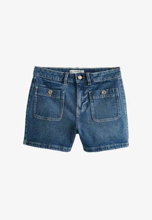 Pantaloni scurți din denim albastru cu talie înaltă, nasture și fermoar frontal, două buzunare mari cu clapetă și închidere cu nasture în față.