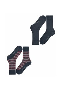 Dunkelblaue Socken; eine uni-farbig, die andere mit rot-grauen gestreiften Mustern und geometrischen Akzenten. Geeignet für legere Kleidung.