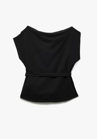 Schwarzes Off-Shoulder-Top mit lockerer Passform, das eine taillierte Taille hat. Hergestellt aus glattem Stoff mit weicher Textur und geschwungenem Saum.