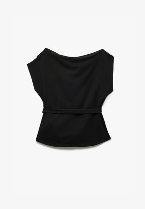 Sort off-the-shoulder top med en løs pasform, der har en bæltebetonet talje. Lavet af glat stof med en blød tekstur og buet kant.