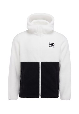 Weiße und schwarze Fleece-Jacke mit Reißverschluss, Kapuze und Seitentaschen, mit "MO ATHLSR" Logo auf der Brust.