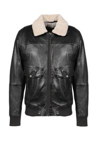 Černá kožená bomber bunda s béžovým beránkovým límcem, předním zipem, dvěma kapsami s klopou na knoflíky a žebrovanými manžetami a lemem.