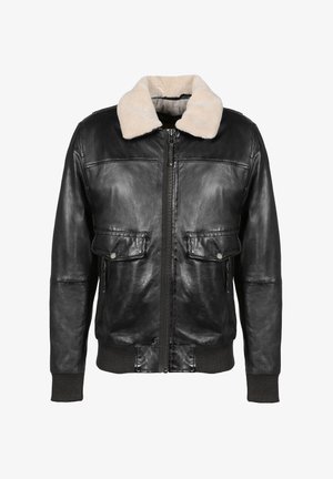Giacca bomber in pelle nera con colletto in shearling beige, chiusura frontale con cerniera, due tasche con pattina e bottone, polsini e orlo a coste.