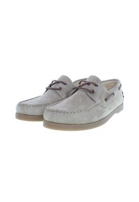 Pantofi de apă din suede gri, cu șireturi maro, detalii cusute, vârf rotund și talpă din cauciuc. Branding minim pe partea exterioară.