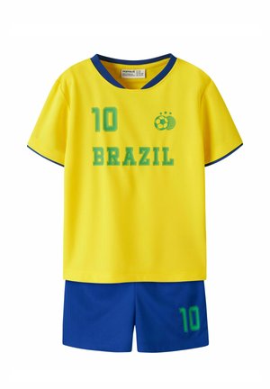 Tenue de football jaune et bleue du Brésil pour enfants, maillot avec le numéro 10, emblème de ballon de football, et short bleu assorti avec le numéro 10.