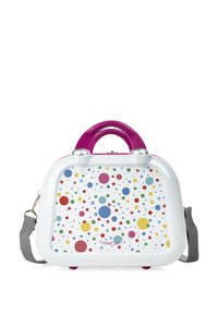 Bolsa blanca de carcasa dura con asa morada, con un patrón de lunares en rojo, azul, verde y amarillo. Incluye una correa gris desmontable.