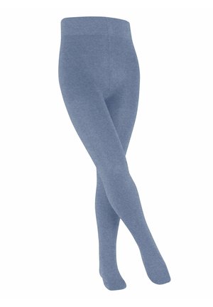 Blaue, gestrickte Leggings mit glatter Textur und enganliegendem Design. Sie verfügen über einen breiten, elastischen Taillenbund und eine nahtlose Verarbeitung.