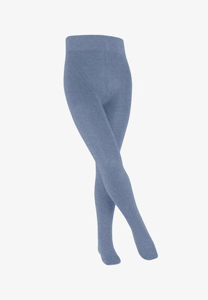 Blaue, gestrickte Leggings mit glatter Textur und enganliegendem Design. Sie verfügen über einen breiten, elastischen Taillenbund und eine nahtlose Verarbeitung.