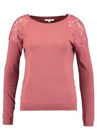 Suéter de manga larga en rosa empolvado con cuello redondo y detalles de encaje floral en los hombros. Tejido de punto con dobladillo y puños acanalados.