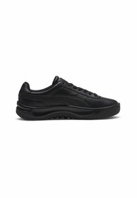Sorte lædersneakers med lav profil, perforerede detaljer, rund tå og tyk gummisål for dæmpning. Klassisk snørebåndsdesign.
